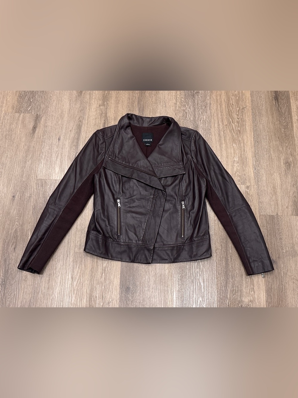 Trouve Leather Asymmetrical Drape Moto Jacket Ribbed Biker Fall L